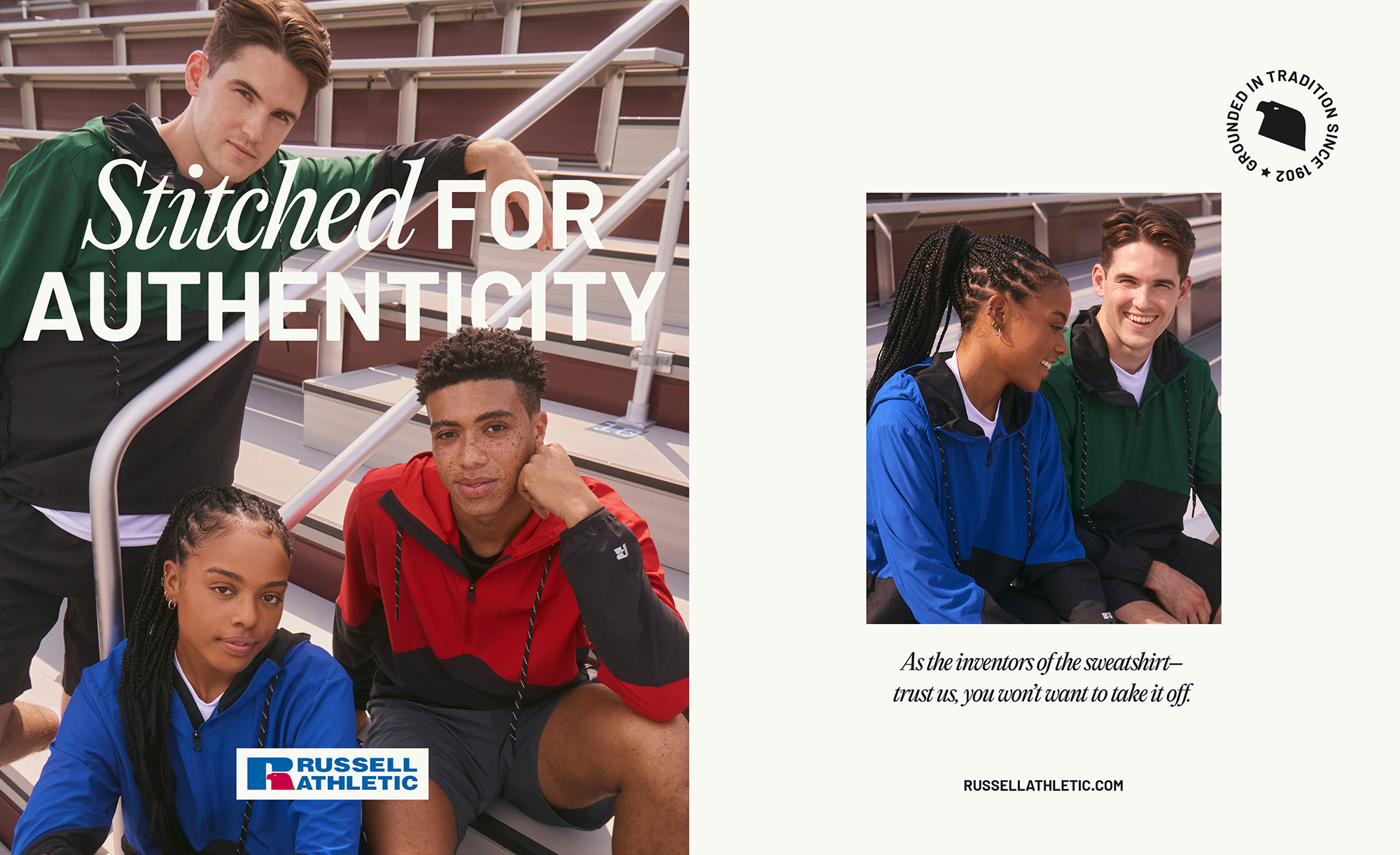 Russell Athletic brand book editorial spread designed by The Charles Group with campaign imagery and Stitched for Authenticity positioning