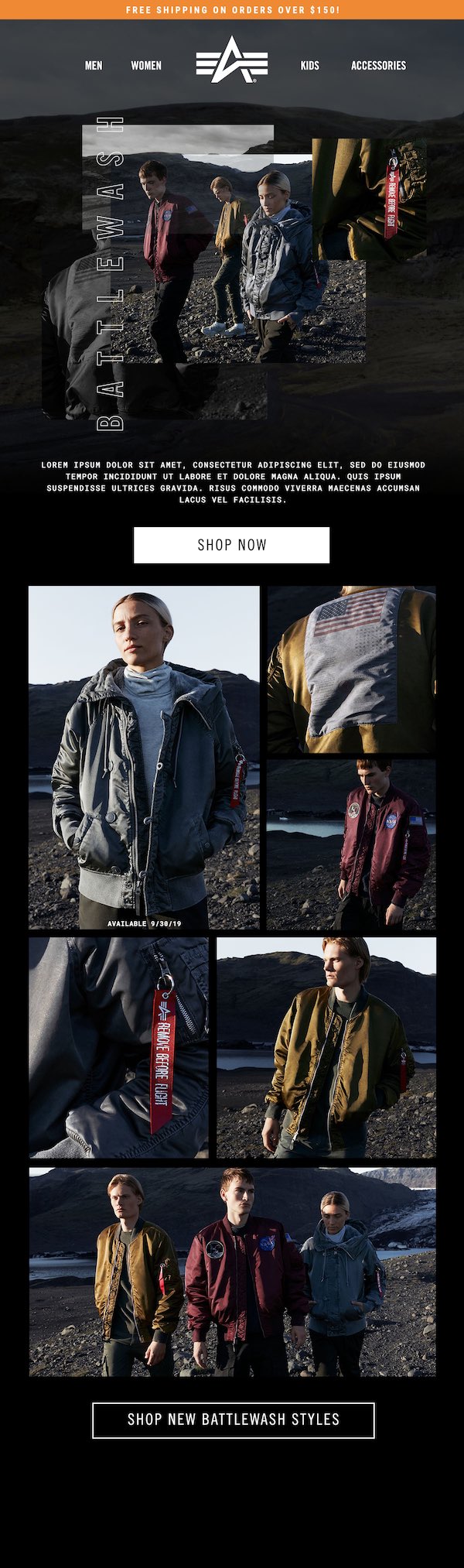 Alpha Industries Battlewash collection email featuring distressed military outerwear on male models in a volcanic outdoor setting