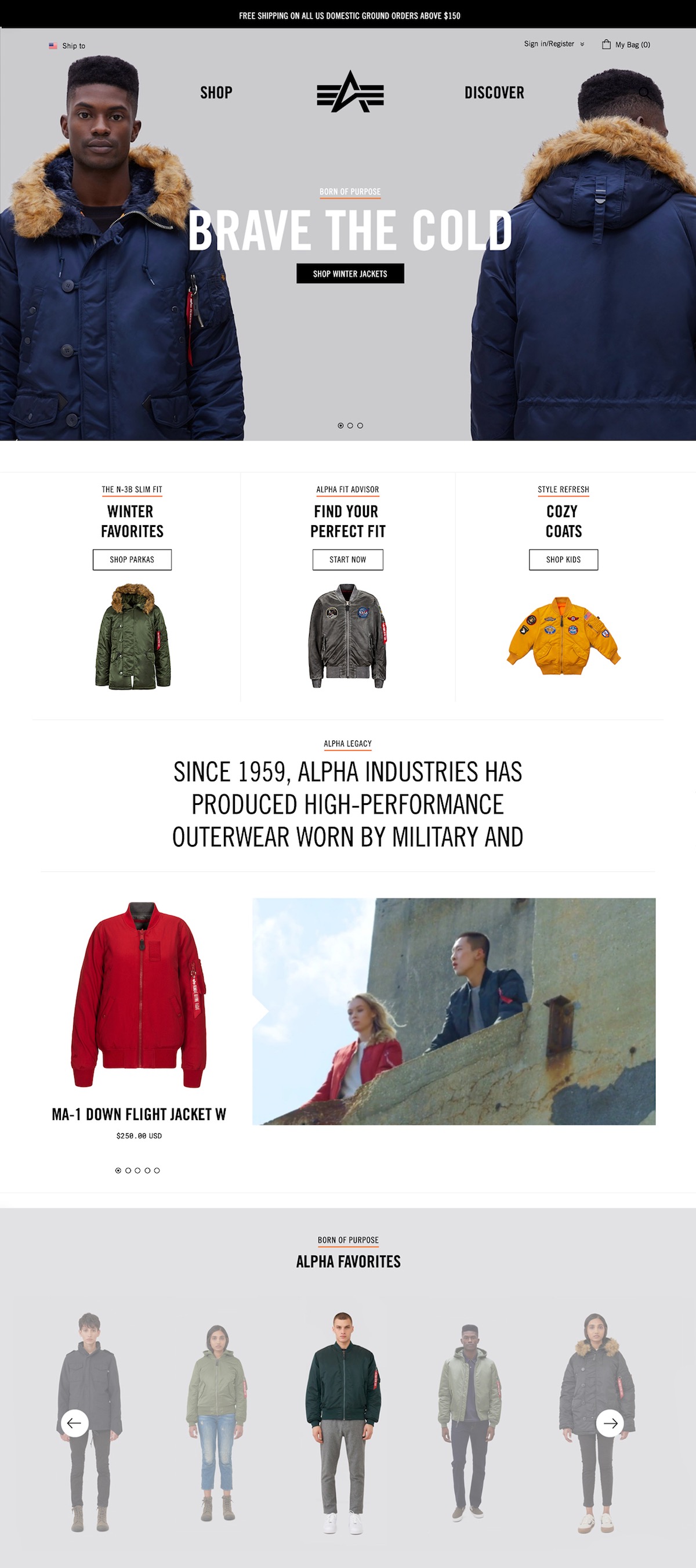 Alpha Industries DTC homepage redesign featuring winter outerwear collection and fit advisor, developed by The Charles Group