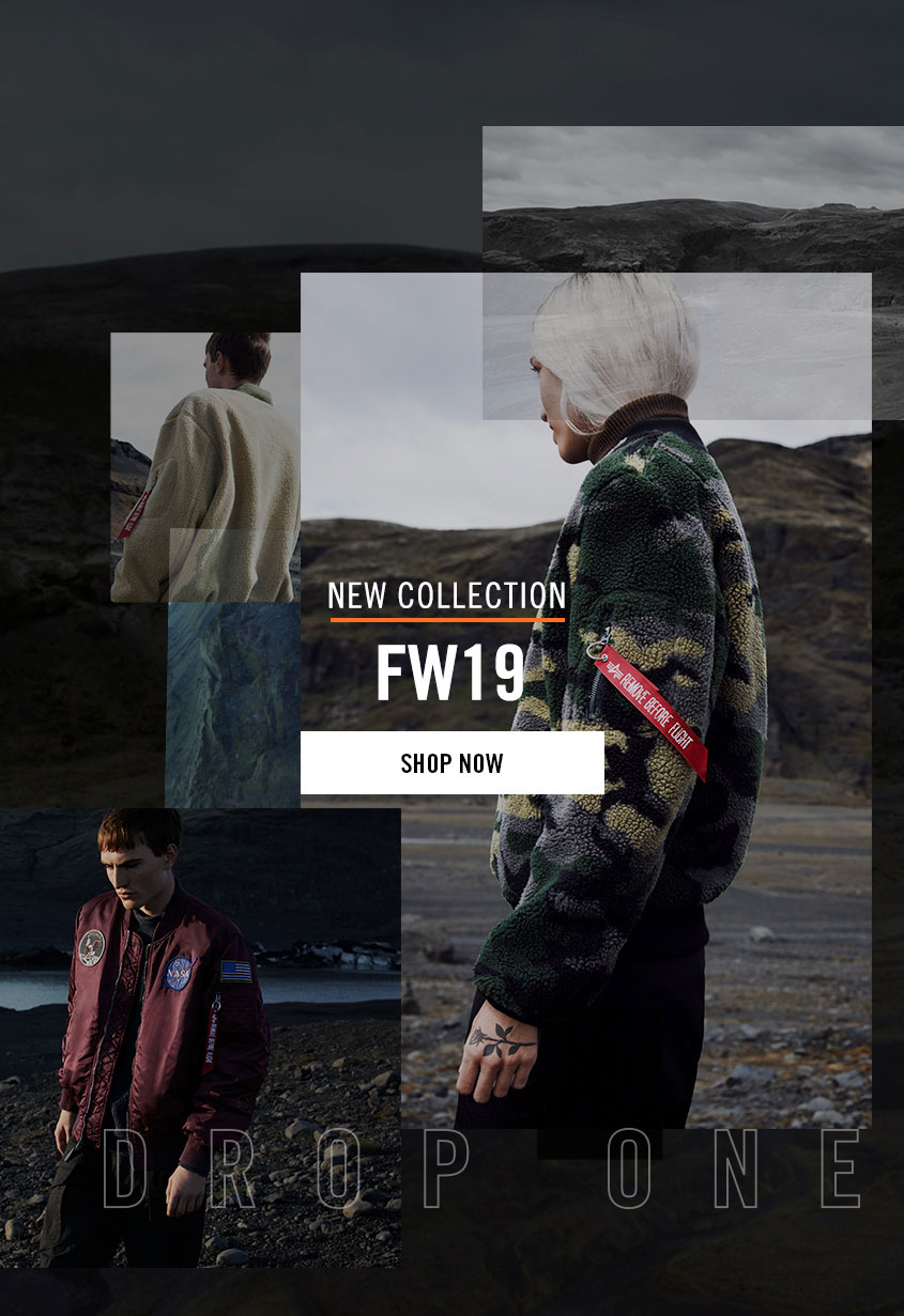 Alpha Industries FW19 Drop One mobile campaign collage featuring camo fleece bomber and NASA MA-1 jacket styled in a rocky outdoor landscape