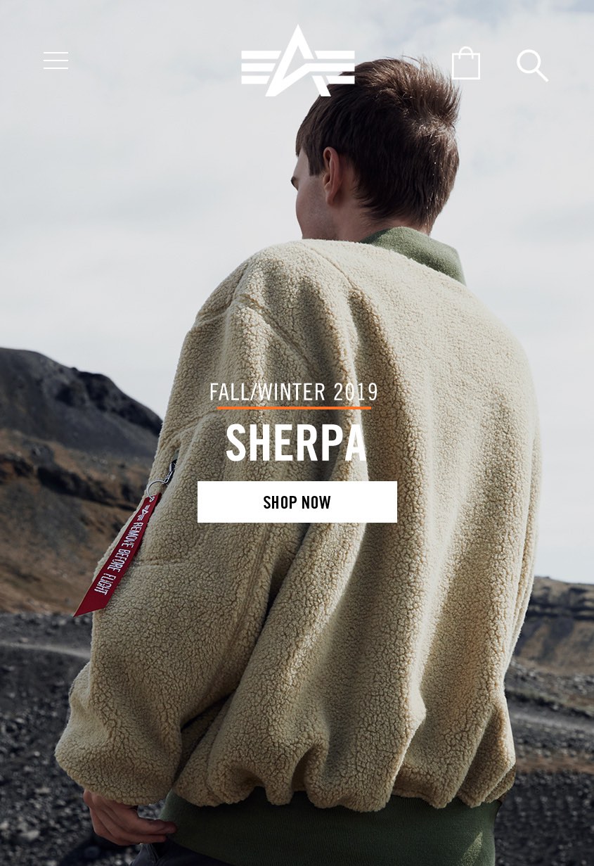 Alpha Industries FW19 Sherpa bomber jacket shown from the back on a male model against a dramatic overcast mountain landscape