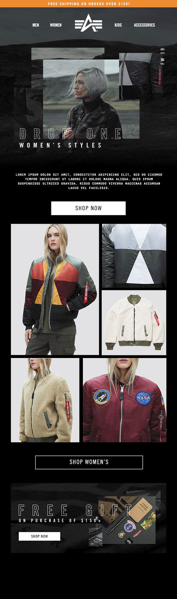 Alpha Industries FW19 women's email campaign showcasing colorblock bomber, sherpa fleece, and NASA patch jackets