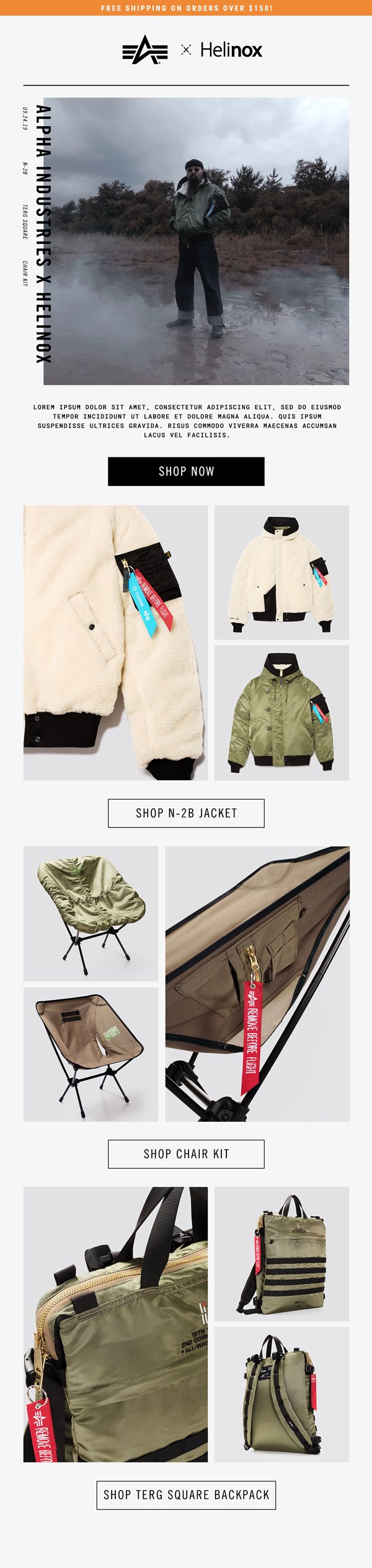 Alpha Industries x Helinox collaboration email showing N-2B jacket styles, folding camp chairs, and co-branded backpacks