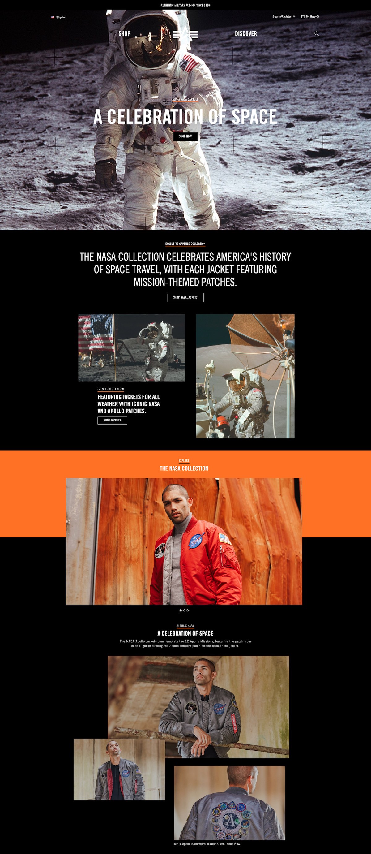 Alpha Industries NASA capsule collection editorial landing page featuring astronaut imagery and MA-1 bomber jackets with mission patches