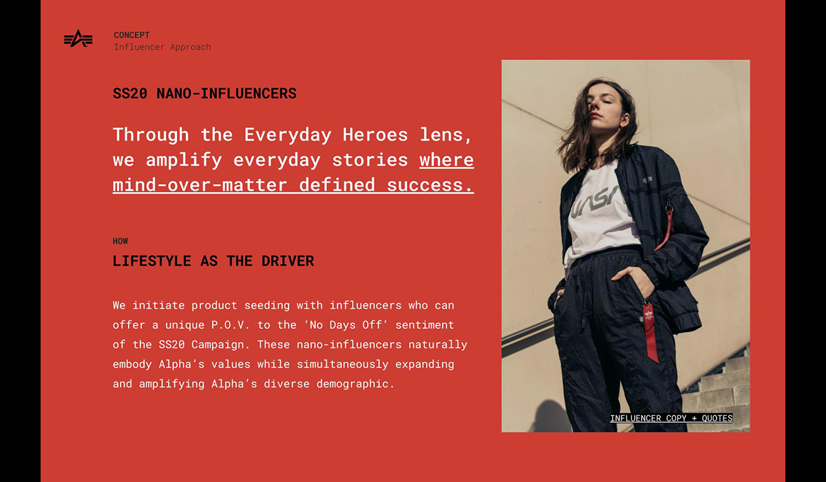 Alpha Industries SS20 influencer creative strategy visual developed by The Charles Group