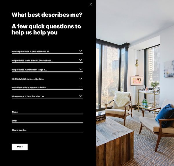 American Copper Buildings interactive apartment finder quiz overlay on a styled living room interior, showcasing the conversion-focused UX designed by The Charles Group