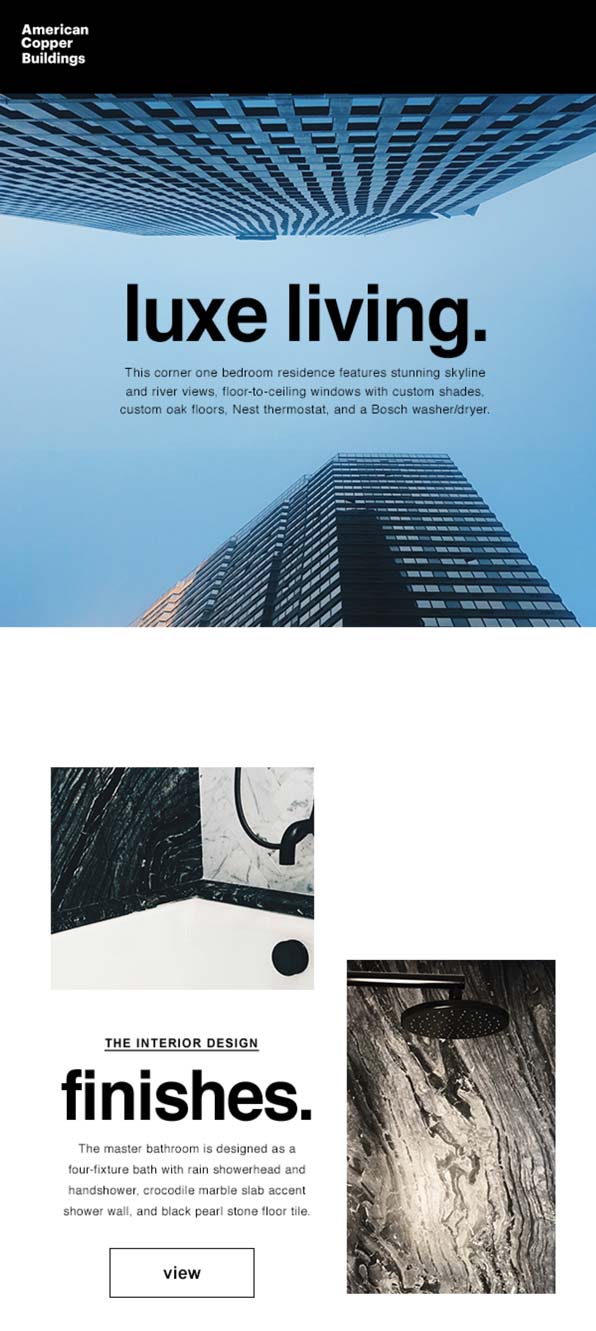 American Copper Buildings 'Luxe Living' email marketing campaign showcasing the building's architecture and luxury bathroom finishes, produced by The Charles Group