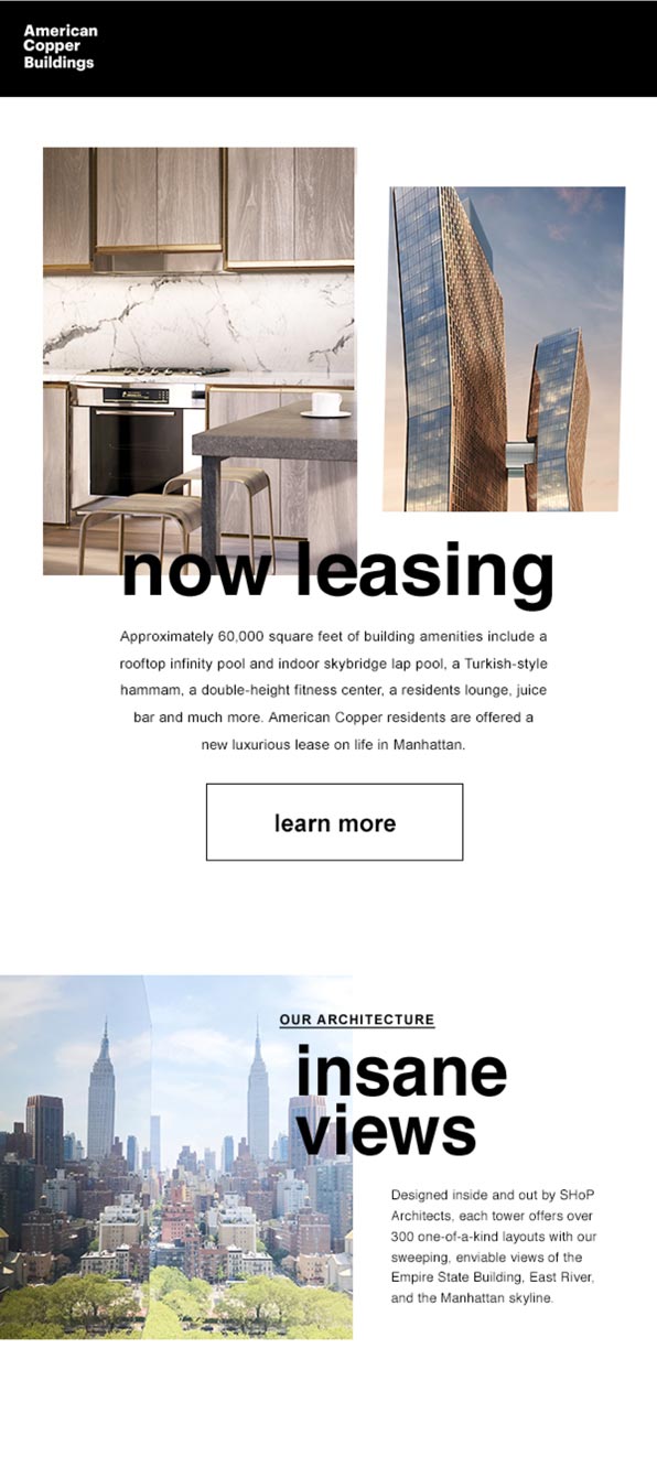 American Copper Buildings 'Now Leasing' email marketing campaign featuring kitchen interiors, building exterior, and Manhattan skyline views, produced by The Charles Group