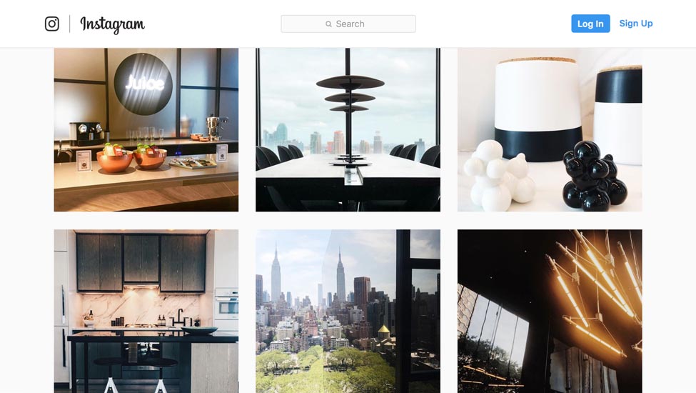 American Copper Buildings Instagram profile grid showing amenity and interior content including the juice bar, conference room, Empire State Building views, and pool, produced by The Charles Group