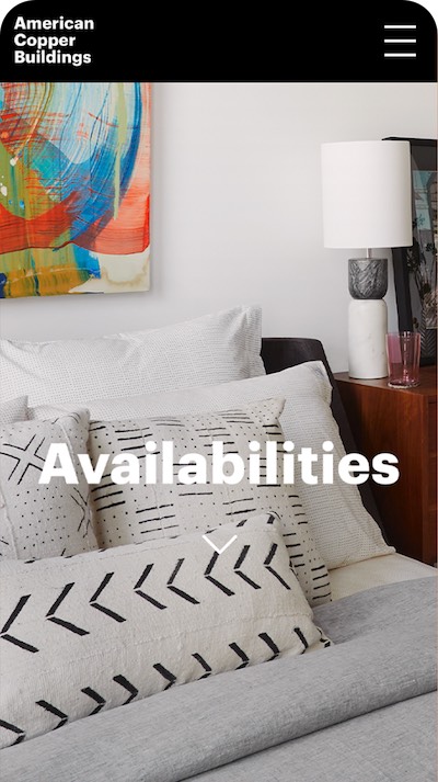 American Copper Buildings mobile website Availabilities screen over a styled bedroom interior, part of the responsive web redesign by The Charles Group