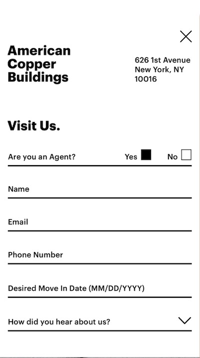 American Copper Buildings mobile leasing contact form with fields for name, email, phone, and move-in date, designed for conversion by The Charles Group