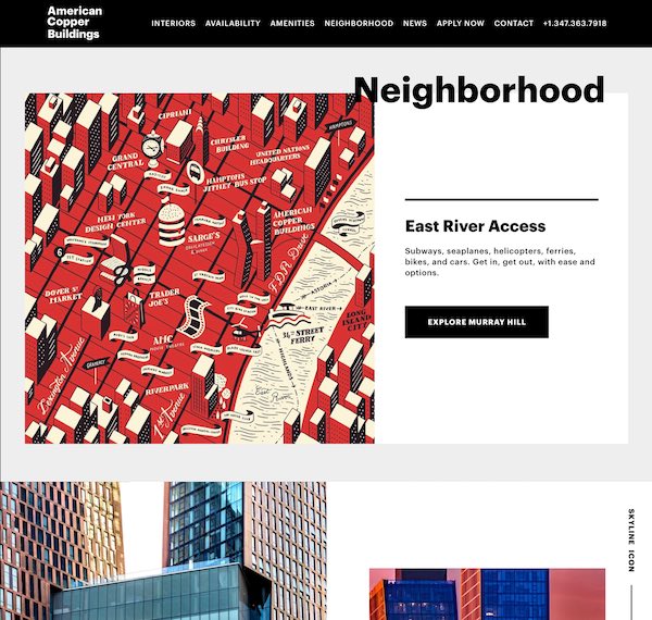 American Copper Buildings website neighbourhood page featuring an illustrated map of Murray Hill and East River access, designed by The Charles Group