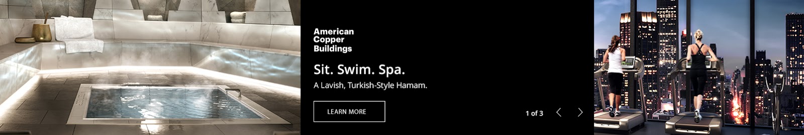 American Copper Buildings New York Times flexframe display ad highlighting the Turkish-style hamam spa and skyline fitness center amenities, created by The Charles Group