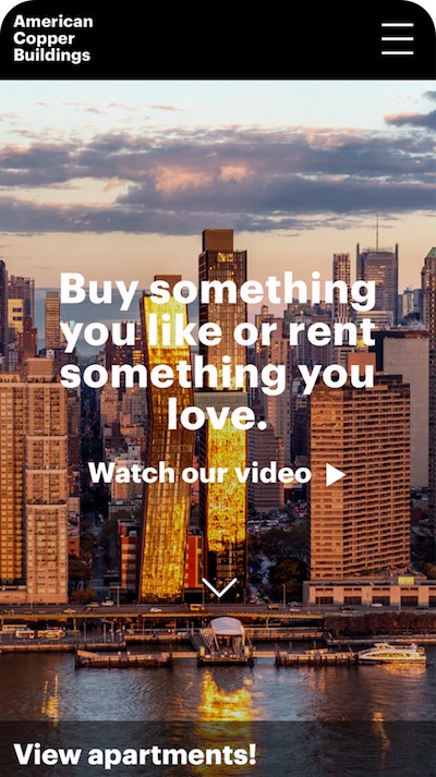 American Copper Buildings mobile website hero screen showing the twin towers at dusk with the brand headline 'Buy something you like or rent something you love'