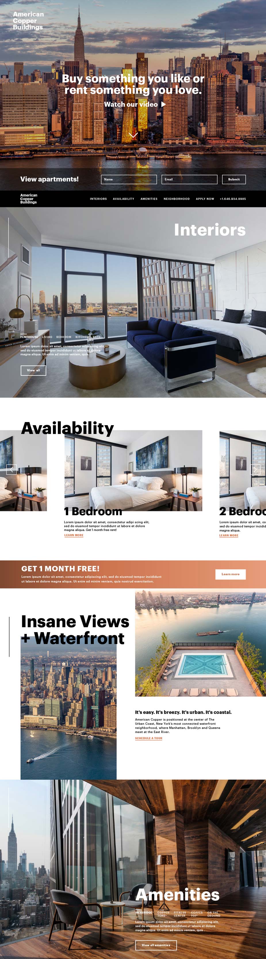 Full-page screenshot of the American Copper Buildings website redesign showing interiors, availability listings, and amenity sections, designed by The Charles Group