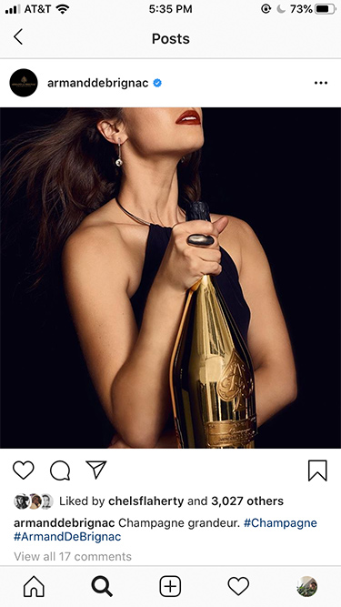 Armand de Brignac luxury champagne Instagram social post produced by The Charles Group, showing campaign lifestyle photography with 3,000-plus likes