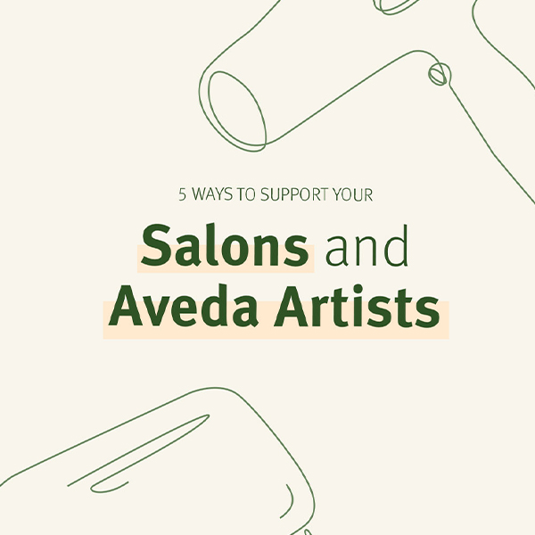 Aveda social graphic reading '5 Ways to Support Your Salons and Aveda Artists' with illustrated hairdryer and styling tool line art, content by The Charles Group