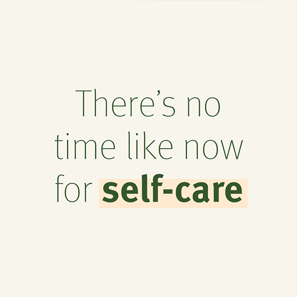 Aveda wellness social graphic reading 'There's no time like now for self-care' in green type on a cream background, content by The Charles Group