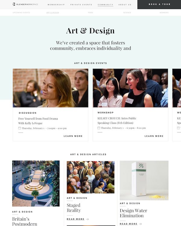 Blender Workspace Art and Design community page designed by The Charles Group, featuring events listings and editorial content layout
