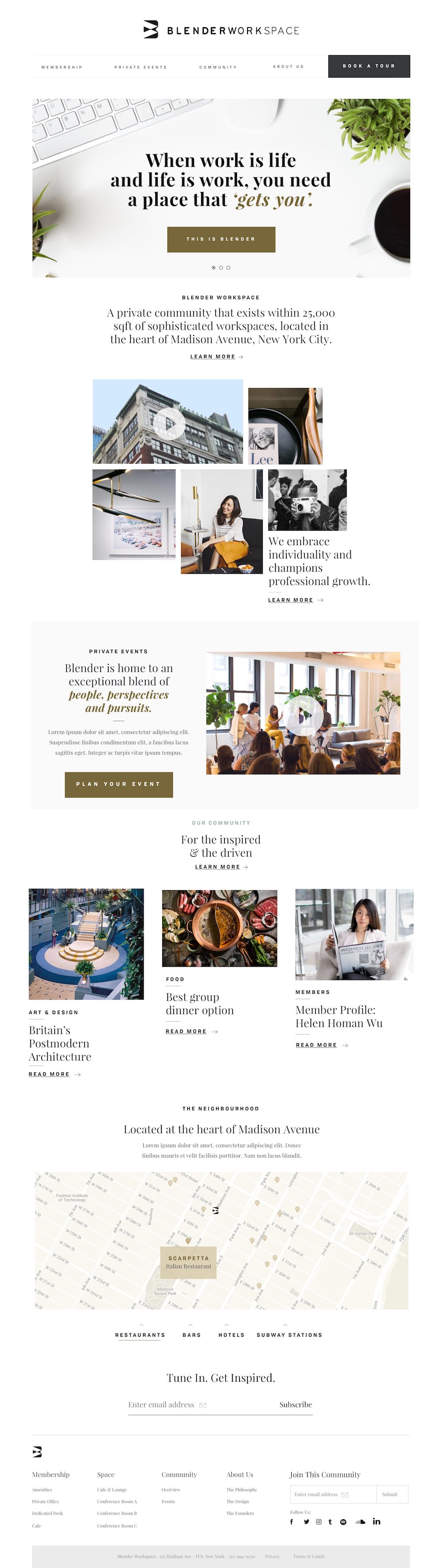 Blender Workspace homepage desktop website redesign by The Charles Group, showcasing luxury co-working brand strategy and UX design