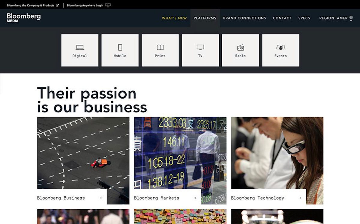 Bloomberg Media advertising platform and media kit UI designed by The Charles Group — showing ad product offerings and targeting data visualizations