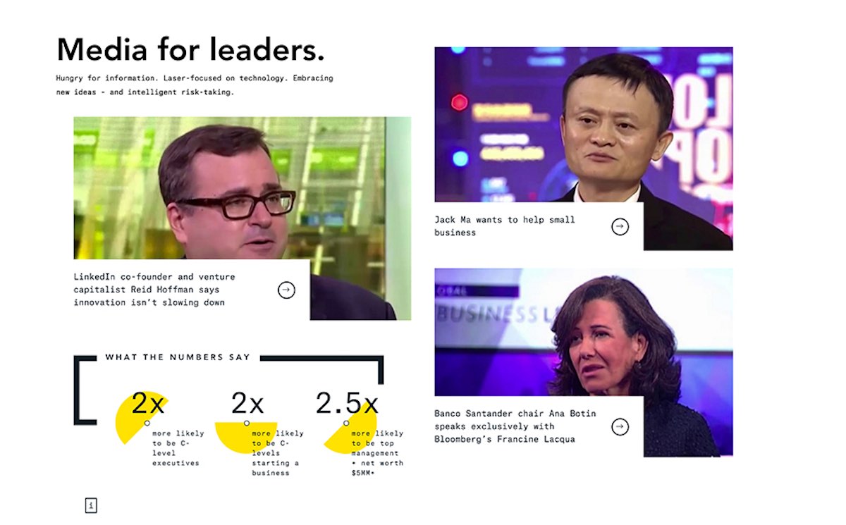 Bloomberg Media website audience data and metrics section with bold terminal-style statistics on dark background, designed by The Charles Group