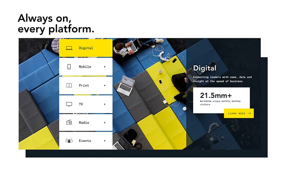 Bloomberg Media website content grid section showing structured dark article and media kit tile layout, designed by The Charles Group