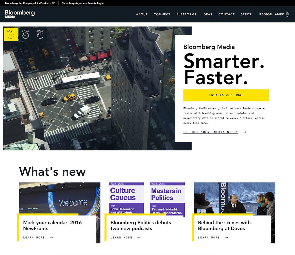 Full desktop mockup of the Bloomberg Media website redesign by The Charles Group — dark data-forward layout with terminal-style typography