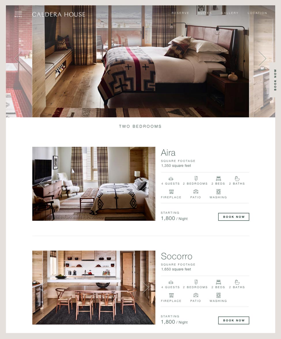 Caldera House Two Bedrooms suites page showing Aira and Socorro suite listings with Book Now buttons