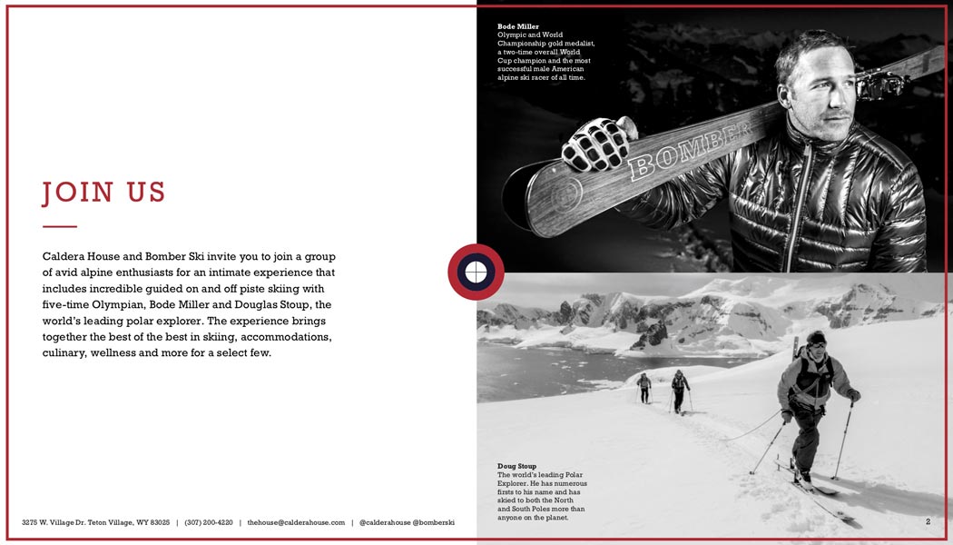 Bode Miller Ski Weekend brochure interior page with Bode Miller portrait and alpine skiing photography