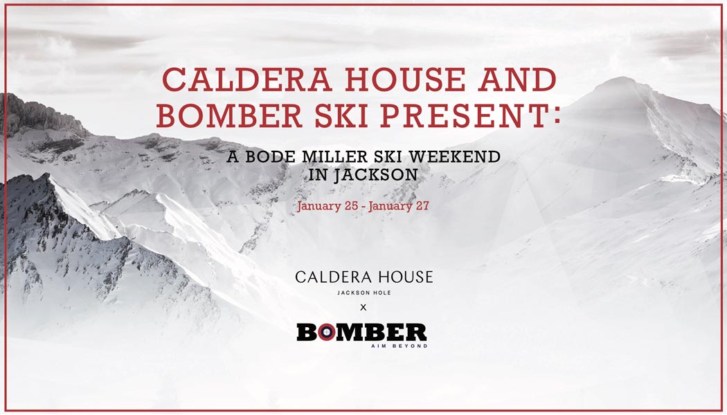 Caldera House and Bomber Ski Bode Miller Ski Weekend event brochure cover with snowy mountain backdrop