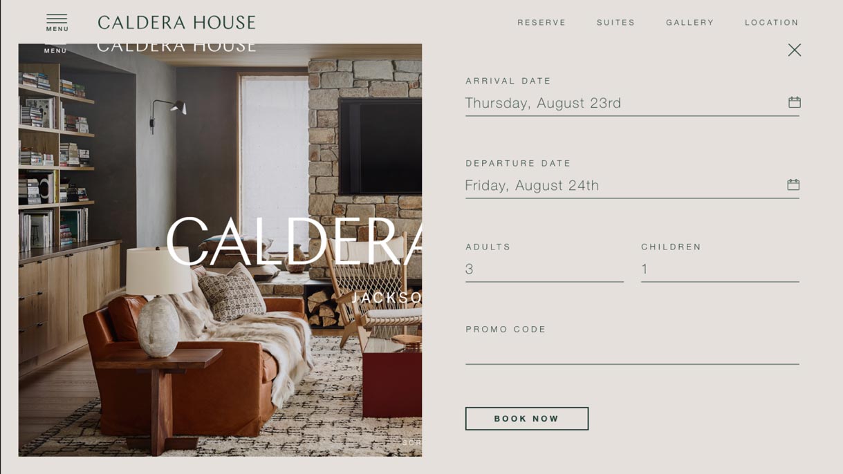 Caldera House website booking reservation panel with arrival and departure date fields