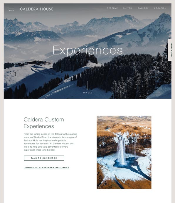 Caldera House Experiences page with aerial view of snow-covered Teton mountains and waterfall landscape