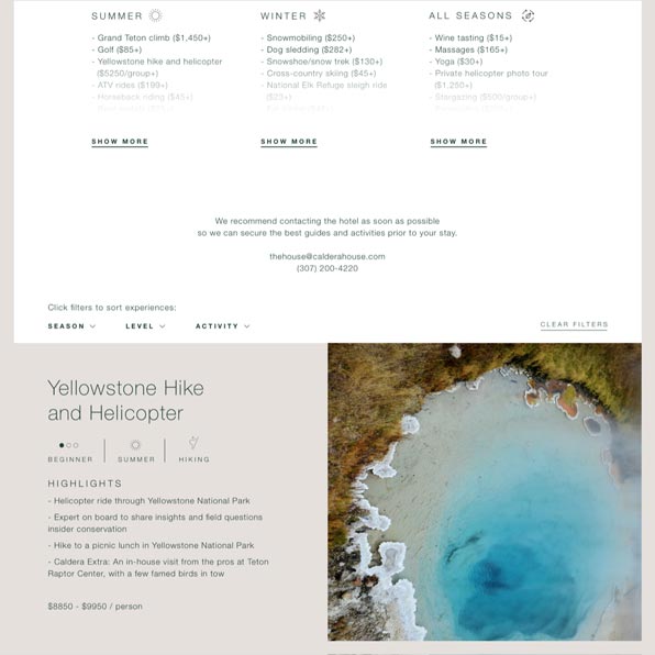 Caldera House seasonal experiences page listing summer, winter and all-seasons activities with Yellowstone aerial photo