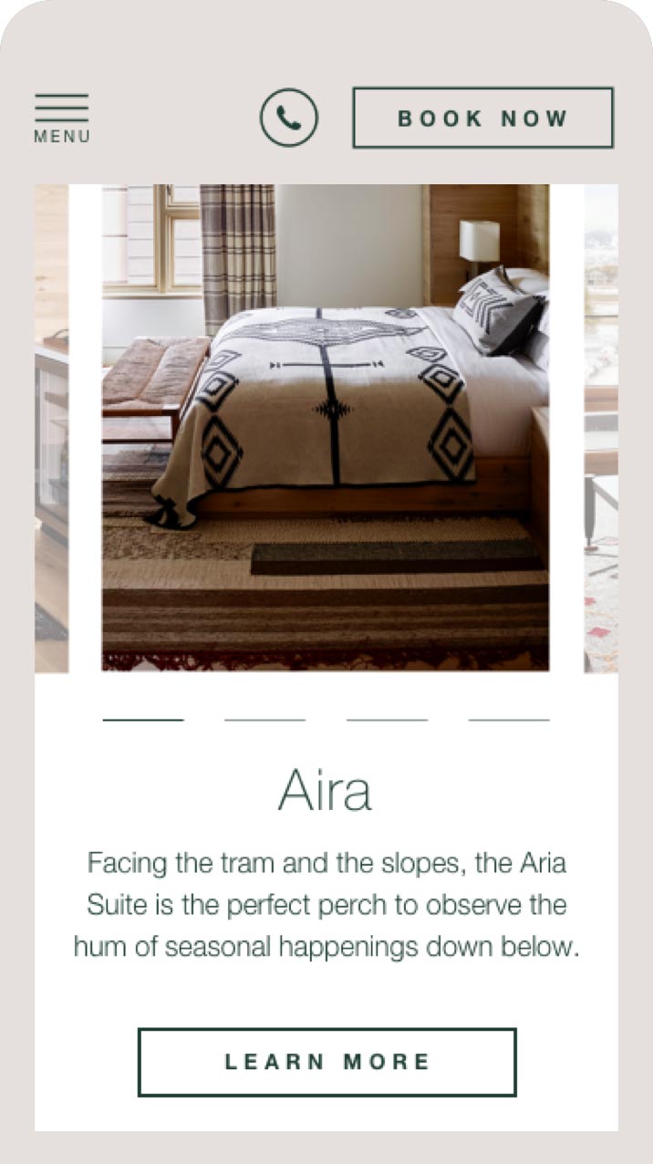 Caldera House mobile website showing Aira suite bedroom with southwestern bedding and Book Now button