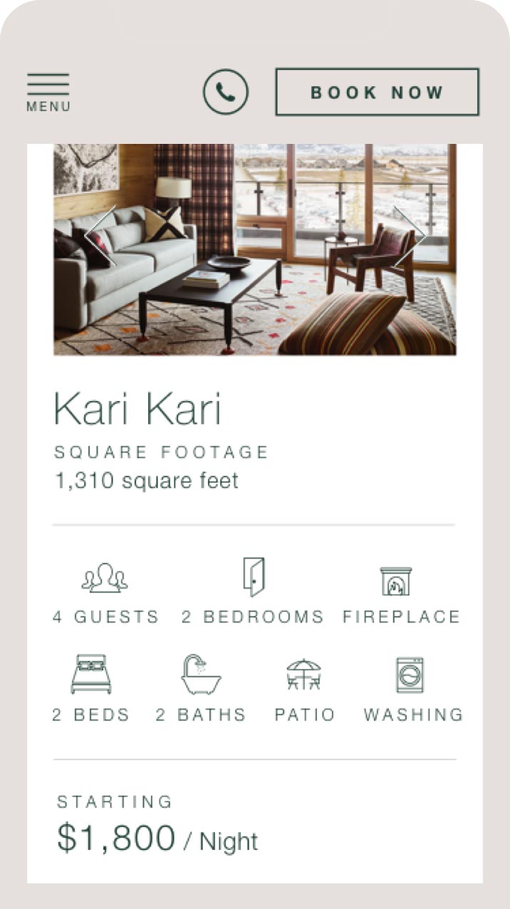 Caldera House mobile website showing Kari Kari suite living room with mountain views and pricing