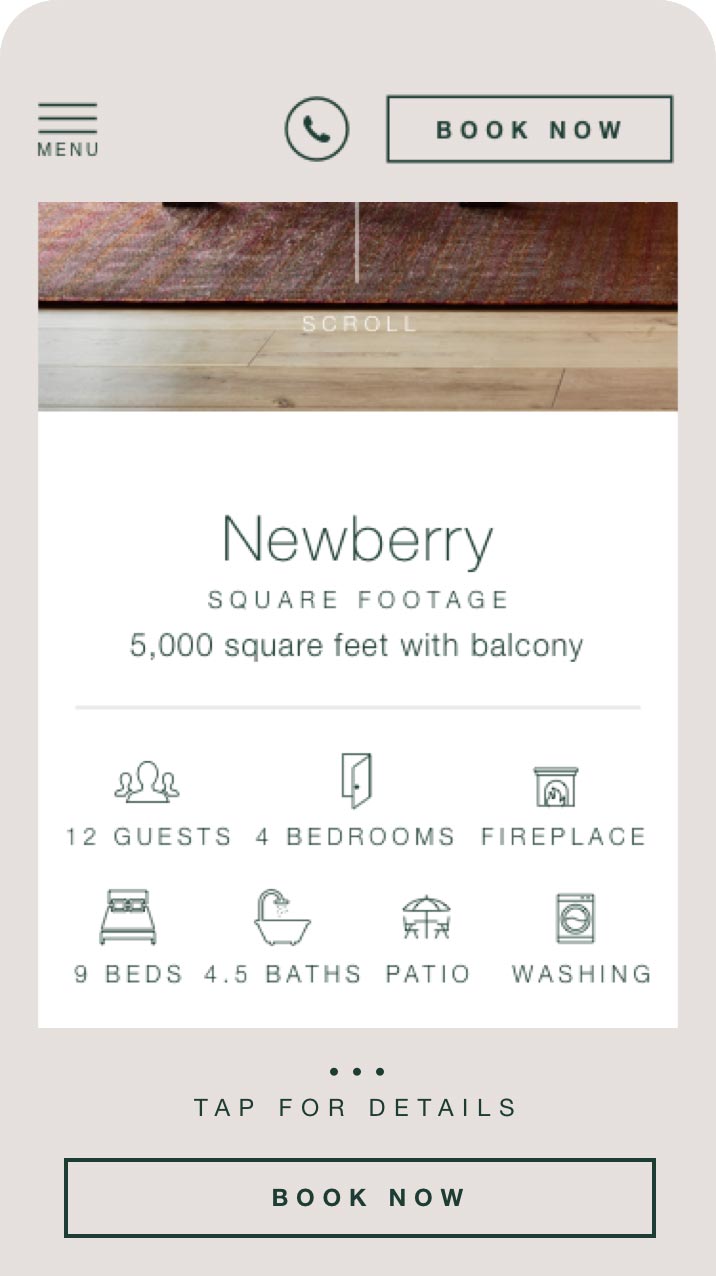 Caldera House mobile website showing Newberry suite amenity icons for guests, bedrooms, fireplace and patio