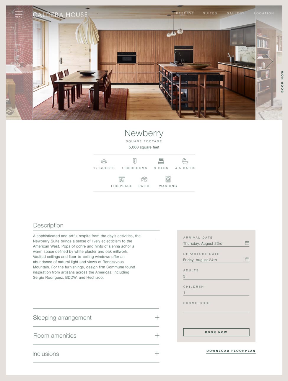 Caldera House Newberry four-bedroom suite page showing walnut kitchen island, dining table, and booking panel