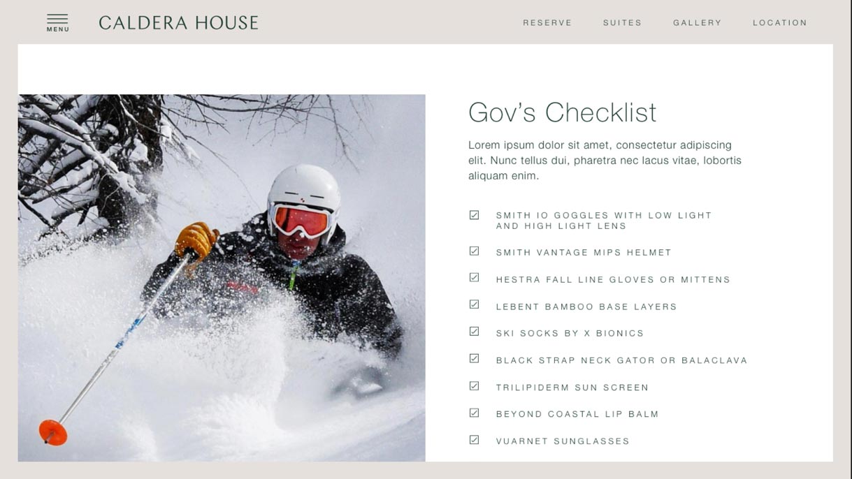 Caldera House Experiences page featuring a skier carving powder snow at Jackson Hole Mountain Resort