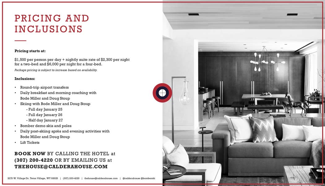 Bode Miller Ski Weekend brochure pricing page with suite interior photo and package inclusions list