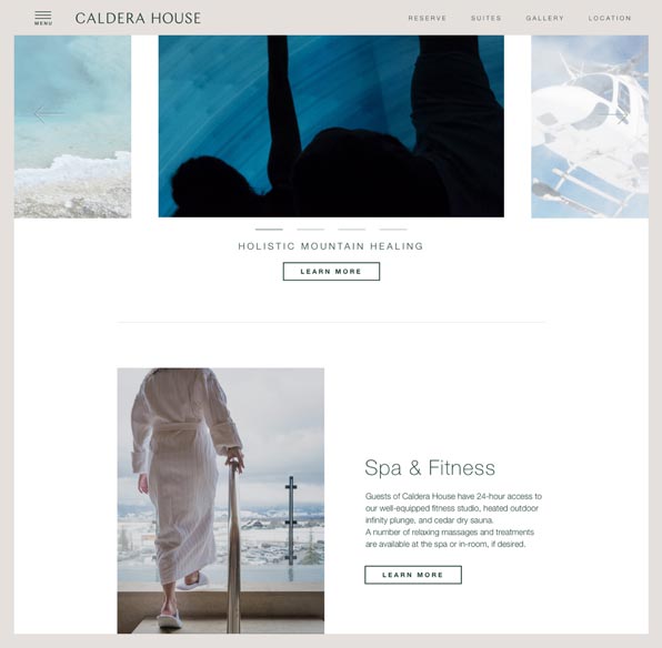 Caldera House Spa and Fitness page with guest in white robe overlooking snow-capped mountain views