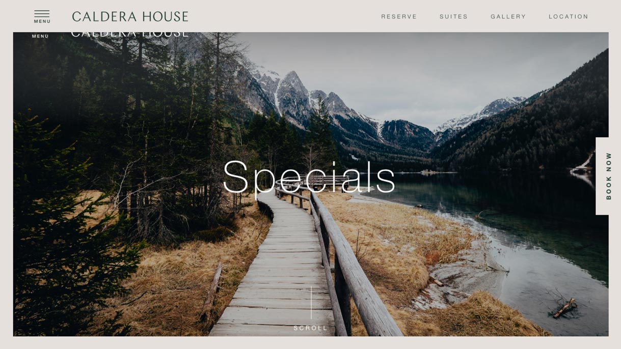 Caldera House Specials page with moody mountain lake and wooden boardwalk photography in Jackson Hole