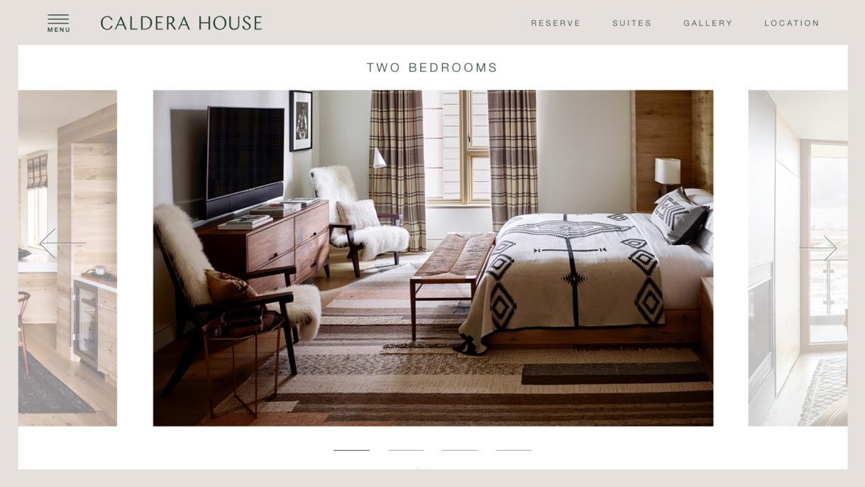 Caldera House Two Bedrooms suite page with southwestern patterned bedding and wood dresser interior