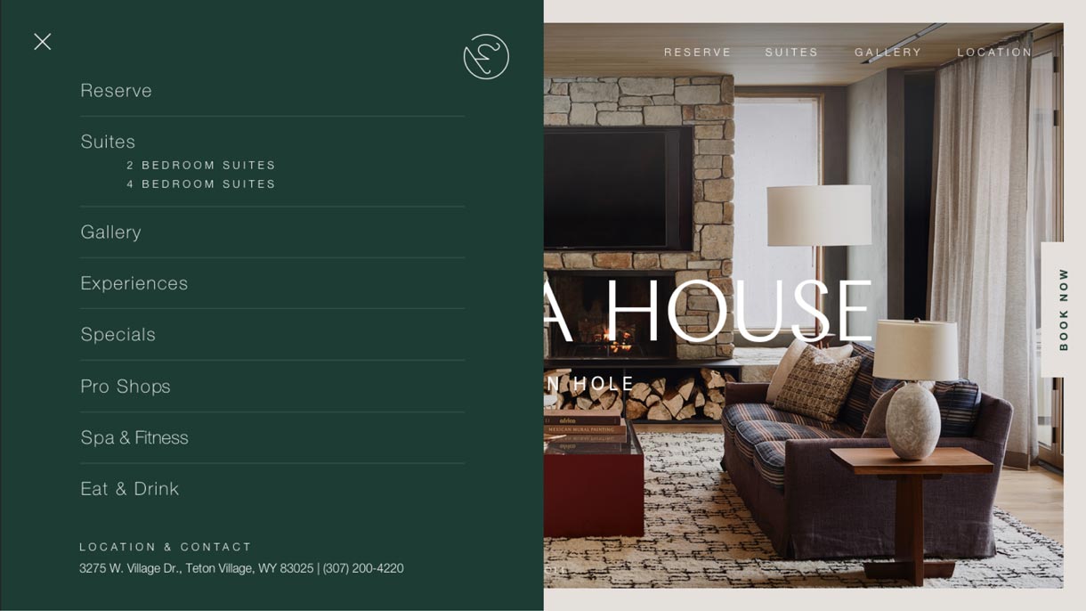 Caldera House website open navigation menu showing Suites, Experiences, Spa and Fitness sections