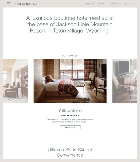 Caldera House Yellowstone two-bedroom suite page with southwestern bedding and mountain resort setting
