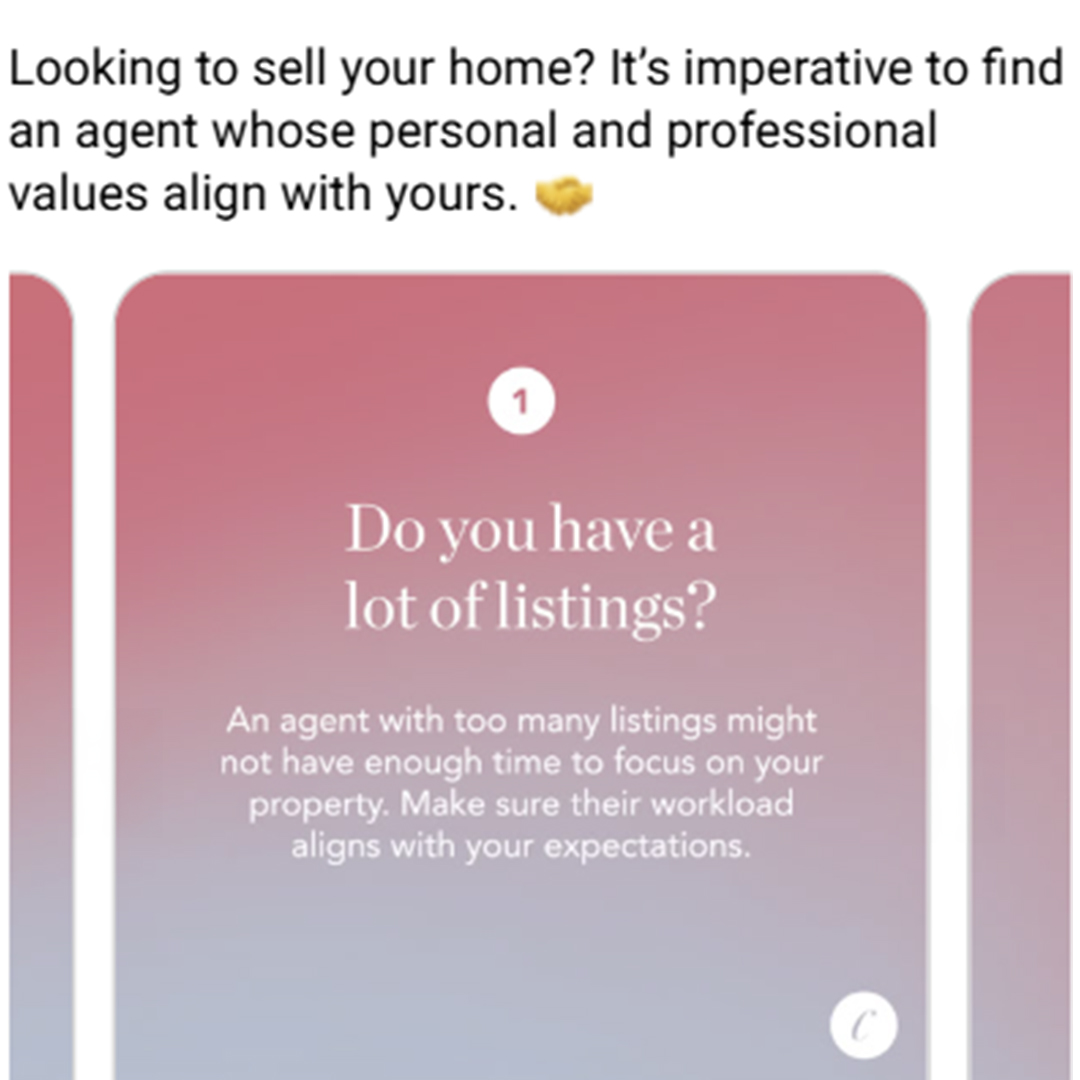 Corcoran social content carousel advising home sellers how to choose a real estate agent, produced by The Charles Group