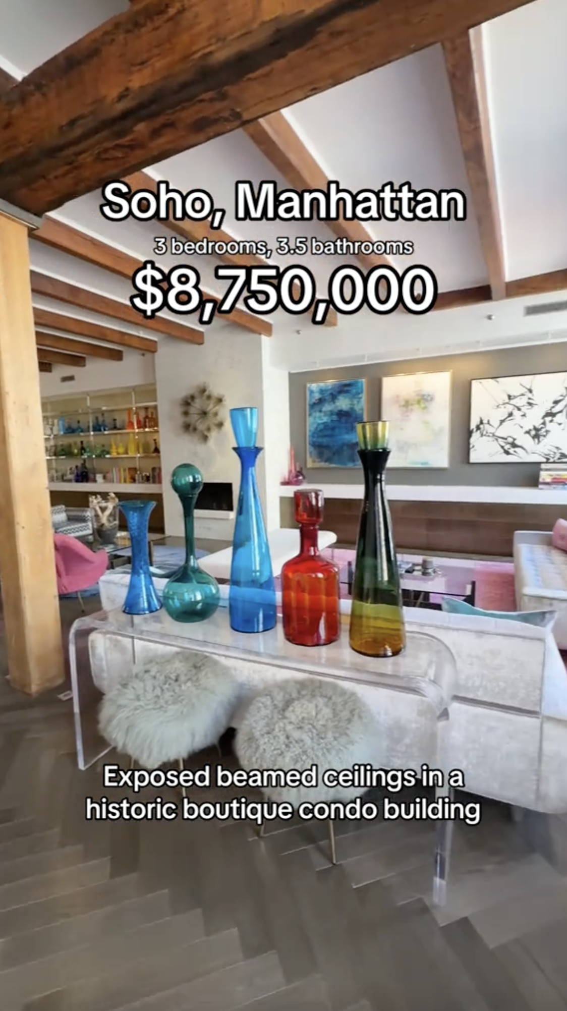 Corcoran social content featuring a $8.75M SoHo Manhattan condo with exposed wood-beam ceilings, created by The Charles Group