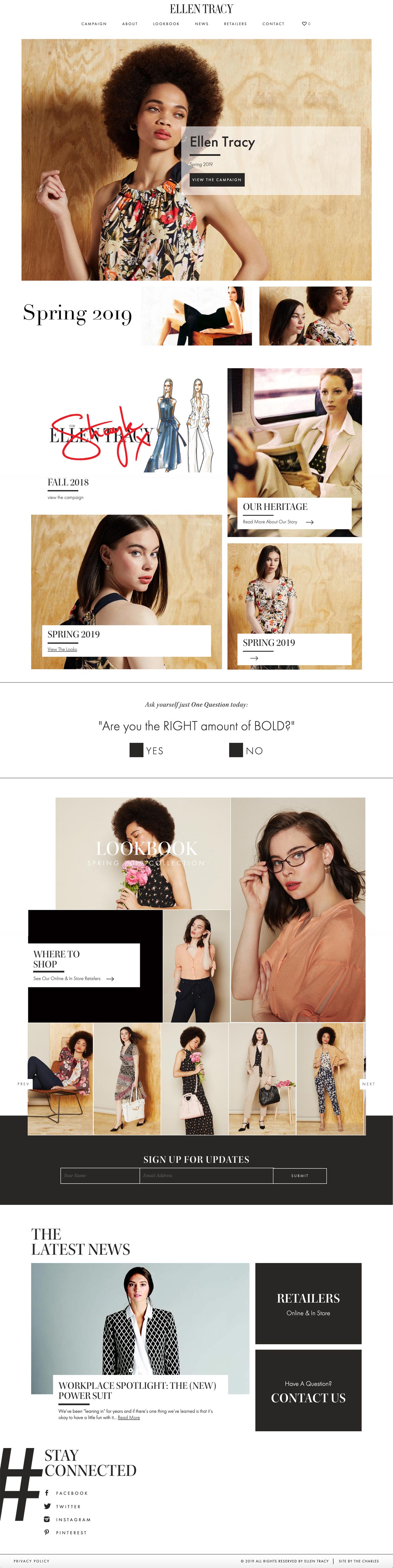 Desktop browser mockup of the redesigned Ellen Tracy fashion website, created by The Charles Group — editorial homepage with full-width hero