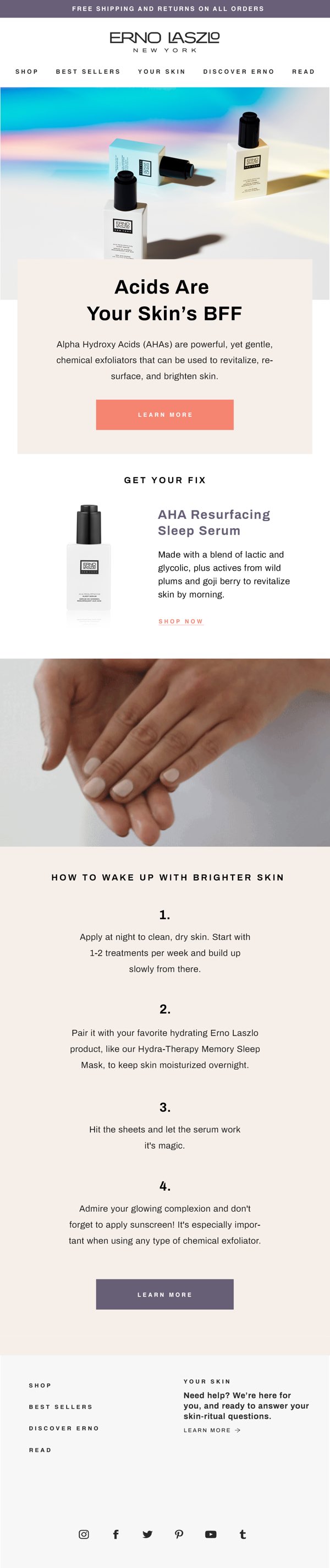 Erno Laszlo email design educating consumers on AHA acids for skin resurfacing, featuring the sleep serum and application steps