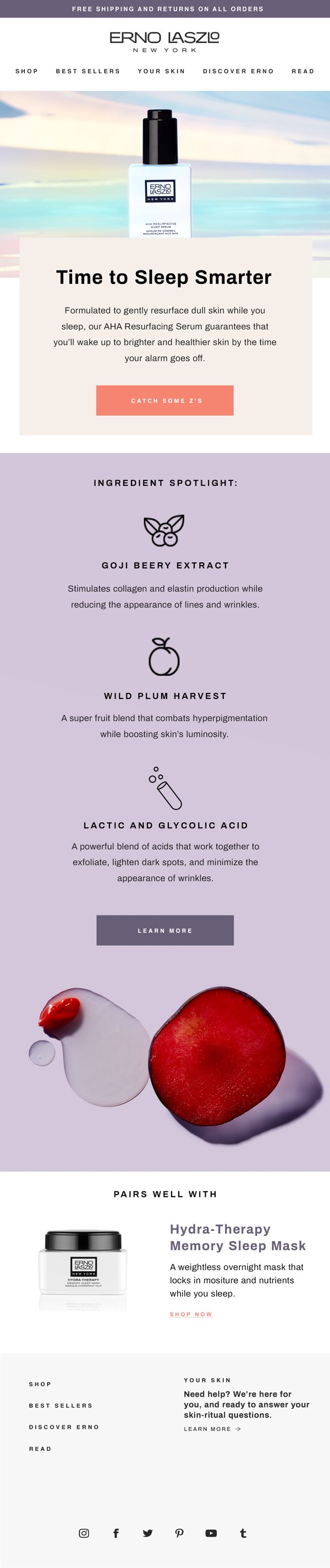 Erno Laszlo email campaign for the AHA Resurfacing Sleep Serum featuring ingredient spotlight and product imagery